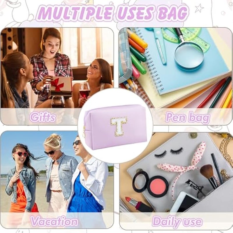 Gifts for Girls Initial Makeup Bag Personalized Cosmetic Bag with Zipper Cute Travel Toiletry Bag Waterproof PU Preppy Makeup Pouch Birthday Gift for Teen Girls Women(Purple T) - Image 3